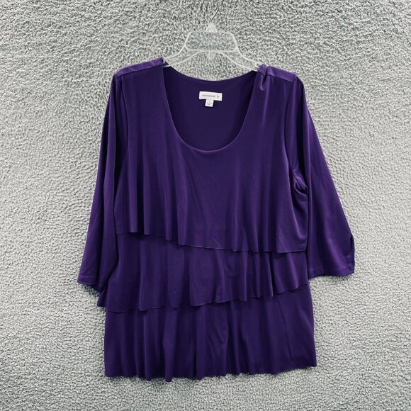 Susan Graver Women Top Large Purple Pullover 3/4 Sleeve Liquid Tiered Knit Shirt - Picture 1 of 9
